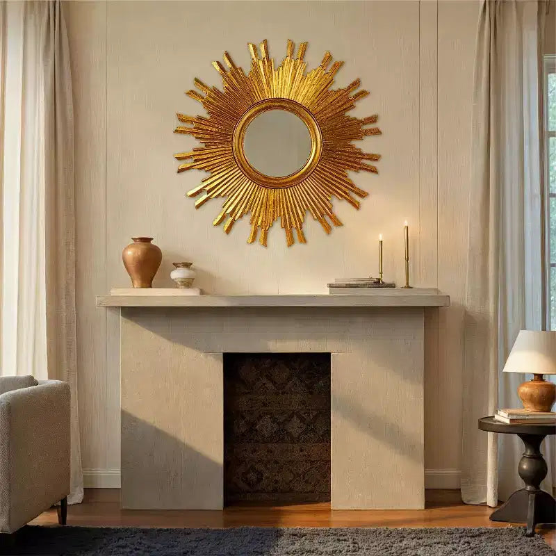 35.5" Round Sunburst Wall Mirror, Gold, 1-Person