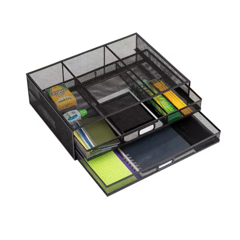 Black Metal Mesh Monitor Stand with Storage Drawers, 2-Tier, 1-Person