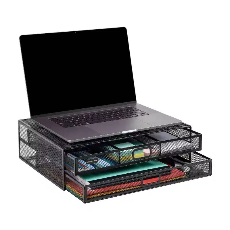 Black Metal Mesh Monitor Stand with Storage Drawers, 2-Tier, 1-Person