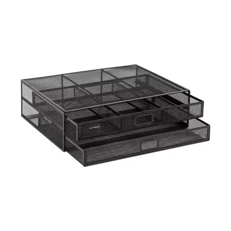 Black Metal Mesh Monitor Stand with Storage Drawers, 2-Tier, 1-Person