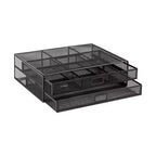 Black Metal Mesh Monitor Stand with Storage Drawers, 2-Tier, 1-Person