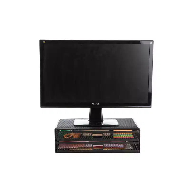 Black Metal Mesh Monitor Stand with Storage Drawers, 2-Tier, 1-Person