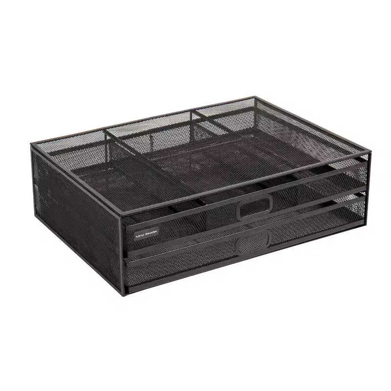 Black Metal Mesh Monitor Stand with Storage Drawers, 2-Tier, 1-Person
