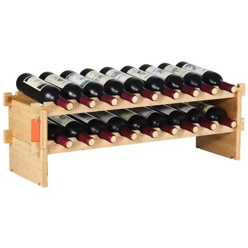 AEELLEEA 18 Bottle Stackable Modular Wine Rack Bamboo Wood Display Shelf 2-Tier On-Site