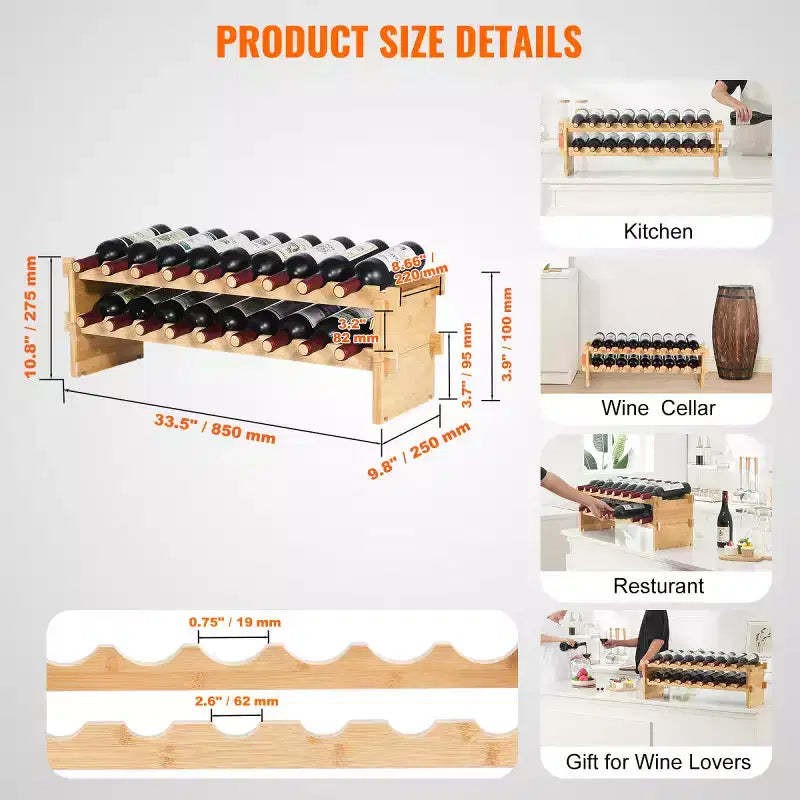 Natural Bamboo 2-Tier Wine Rack, 18-Bottle Countertop Storage