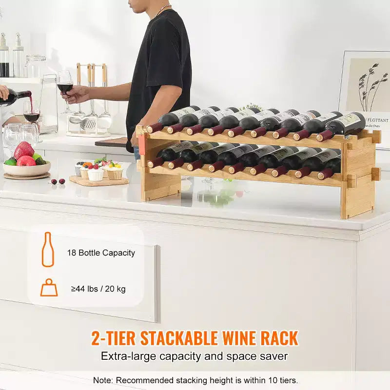 Natural Bamboo 2-Tier Wine Rack, 18-Bottle Countertop Storage