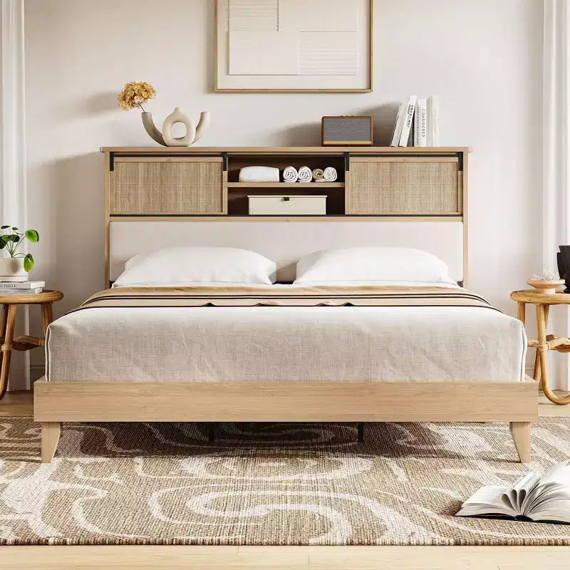 King Size Rattan Bed Frame with Headboard Shelves, Boho Platform Bed with Sliding Door Storage,Wood Foundation with Silent Slats, No Box Spring Needed