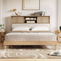King Size Rattan Bed Frame with Headboard Shelves, Boho Platform Bed with Sliding Door Storage,Wood Foundation with Silent Slats, No Box Spring Needed