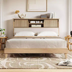 King Size Rattan Bed Frame with Headboard Shelves, Boho Platform Bed with Sliding Door Storage,Wood Foundation with Silent Slats, No Box Spring Needed