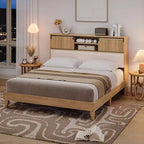 Natural Brown, Boho Rattan Platform Bed Frame with Headboard Shelves, King (1-Person)