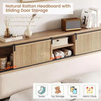 Natural Brown, Boho Rattan Platform Bed Frame with Headboard Shelves, King (1-Person)