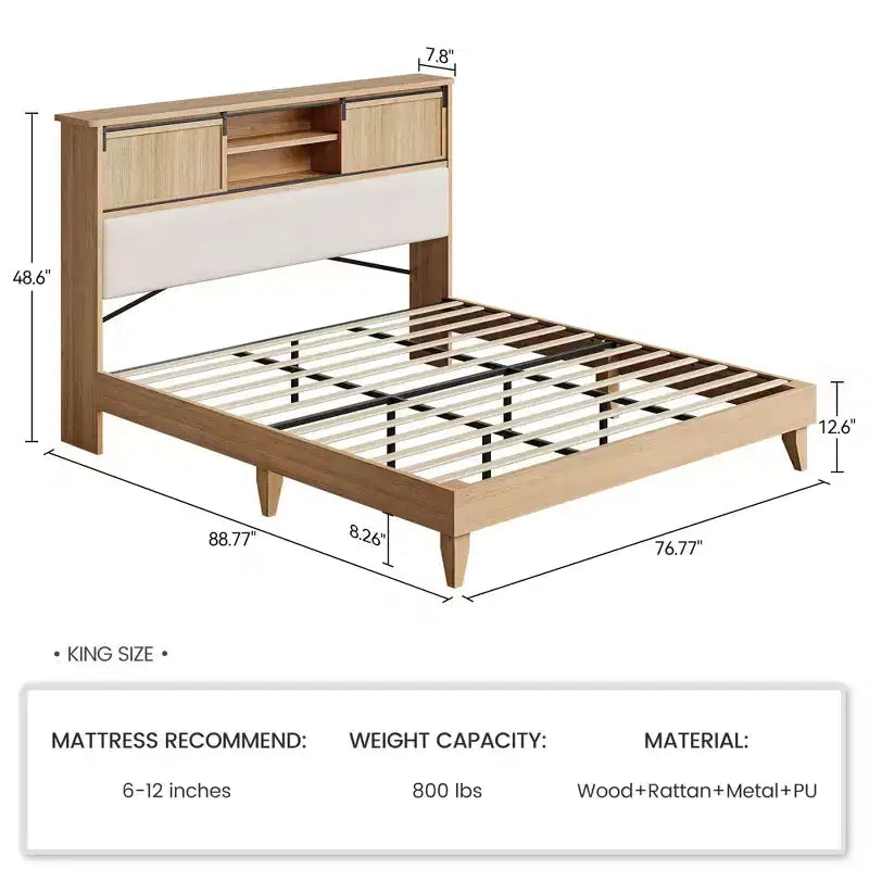Natural Brown, Boho Rattan Platform Bed Frame with Headboard Shelves, King (1-Person)