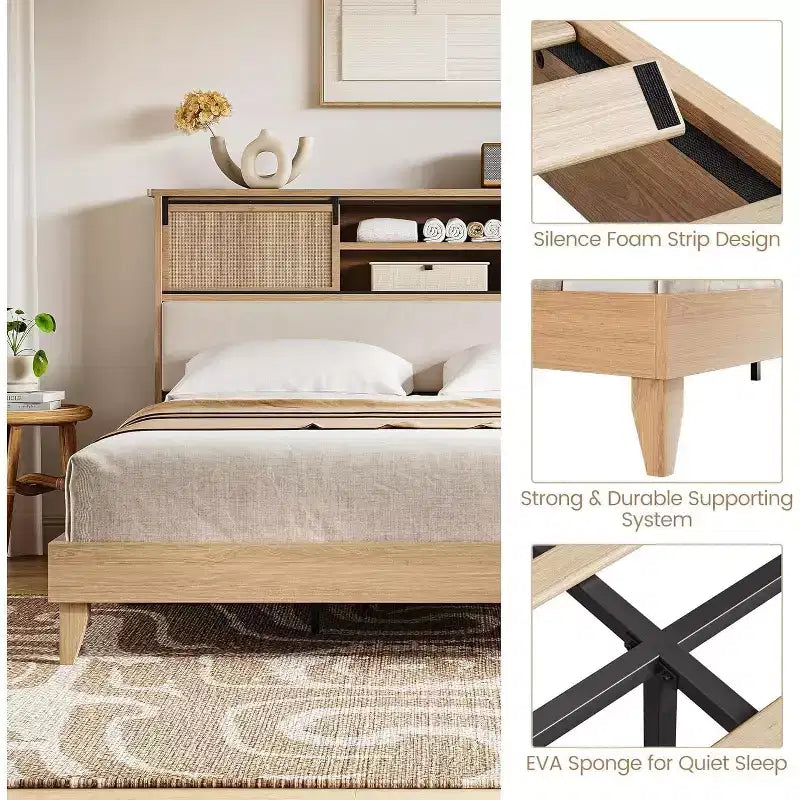 Natural Brown, Boho Rattan Platform Bed Frame with Headboard Shelves, King (1-Person)