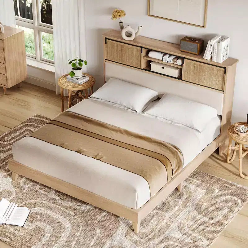 Natural Brown, Boho Rattan Platform Bed Frame with Headboard Shelves, King (1-Person)