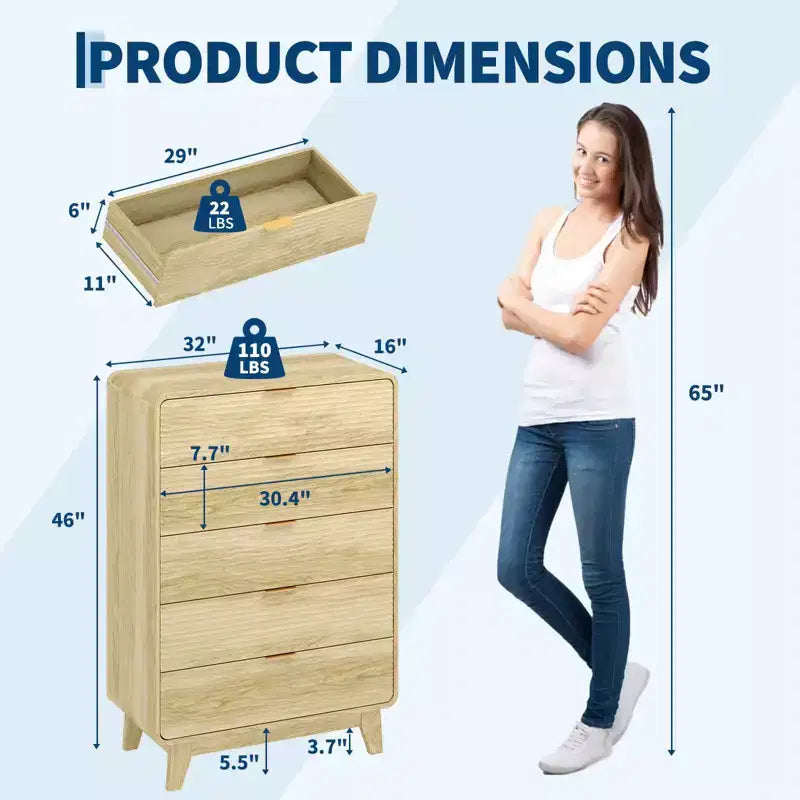 White Ribbed 5-Drawer Dresser, Single Unit