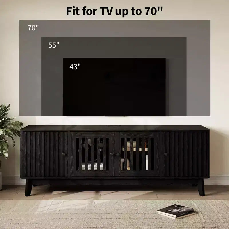 Black & Walnut Rectangular TV Stand with Storage, Fits TVs up to 70"