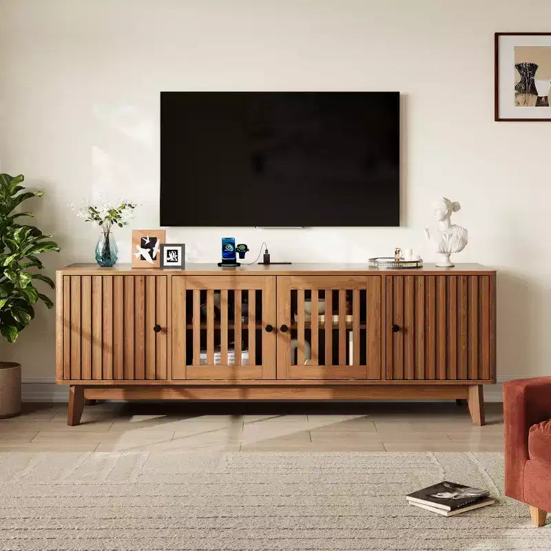 Black & Walnut Rectangular TV Stand with Storage, Fits TVs up to 70"