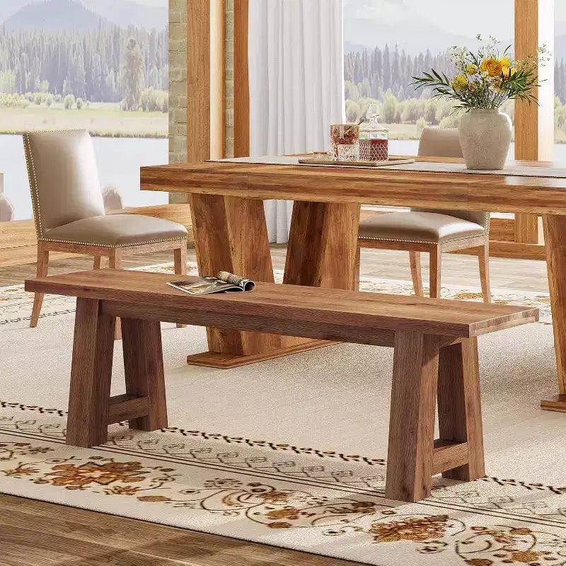 Brown Farmhouse Solid Wood Bench with A-Shaped Legs, 2-Person, 55"