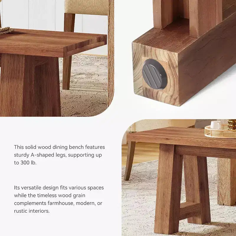 Brown Farmhouse Solid Wood Bench with A-Shaped Legs, 2-Person, 55"