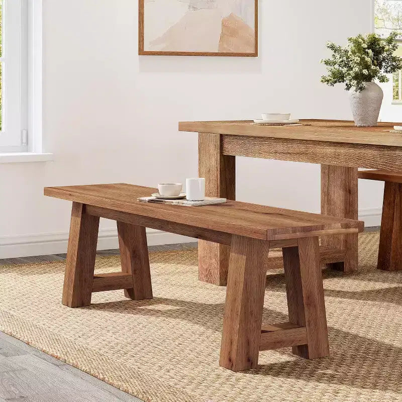 Brown Farmhouse Solid Wood Bench with A-Shaped Legs, 2-Person, 55"
