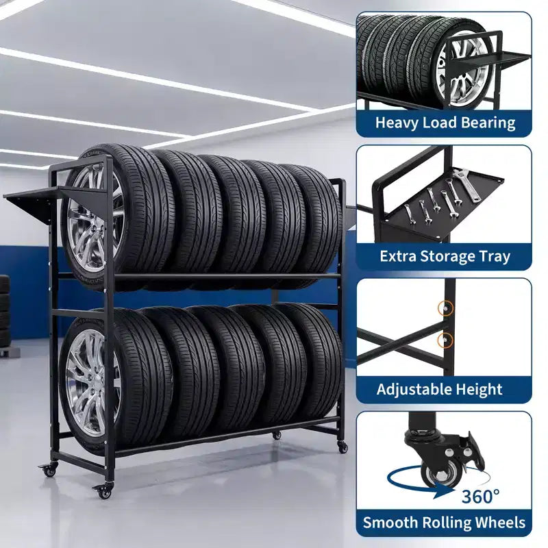 Black Metal Rolling Tire Storage Rack with Dust Cover, 1-Person Use