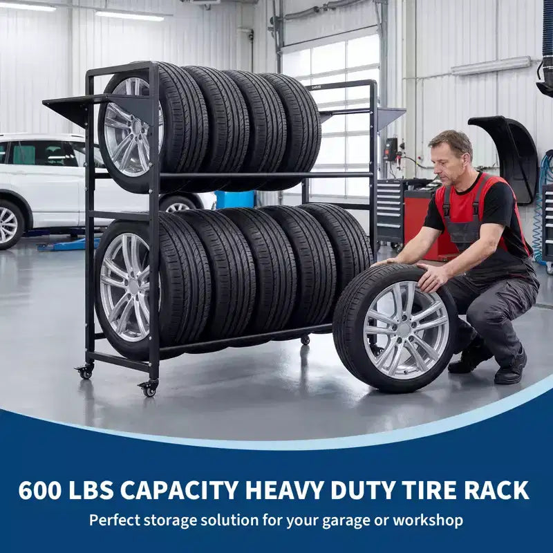 Black Metal Rolling Tire Storage Rack with Dust Cover, 1-Person Use