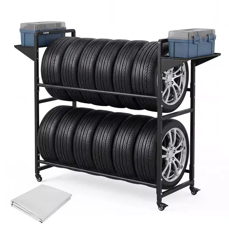 Black Metal Rolling Tire Storage Rack with Dust Cover, 1-Person Use