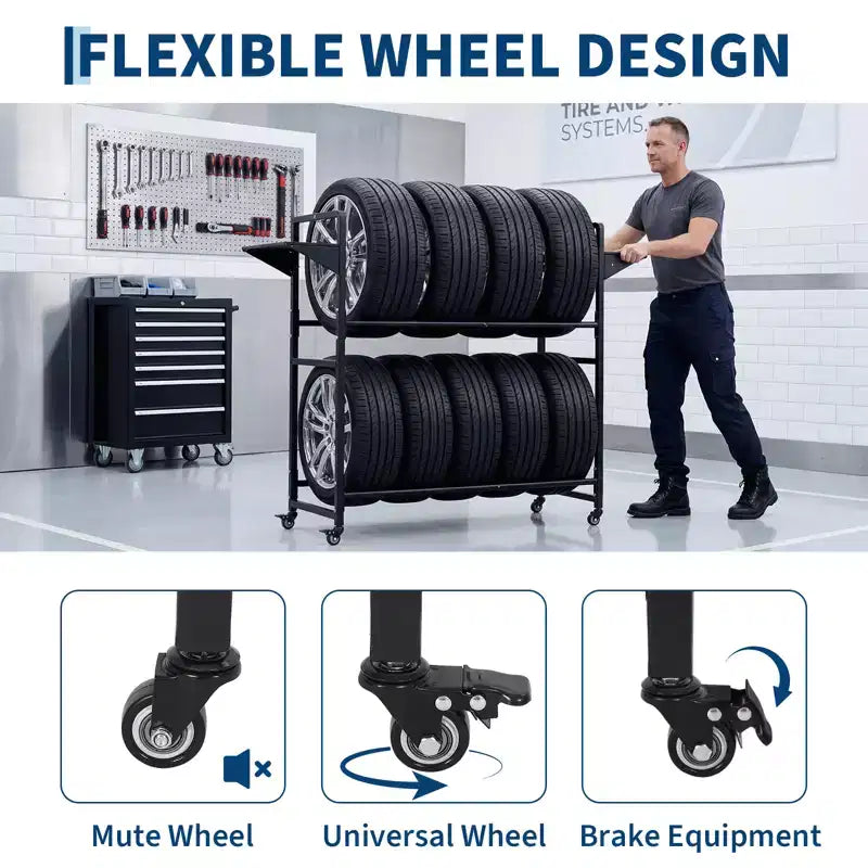 Black Metal Rolling Tire Storage Rack with Dust Cover, 1-Person Use