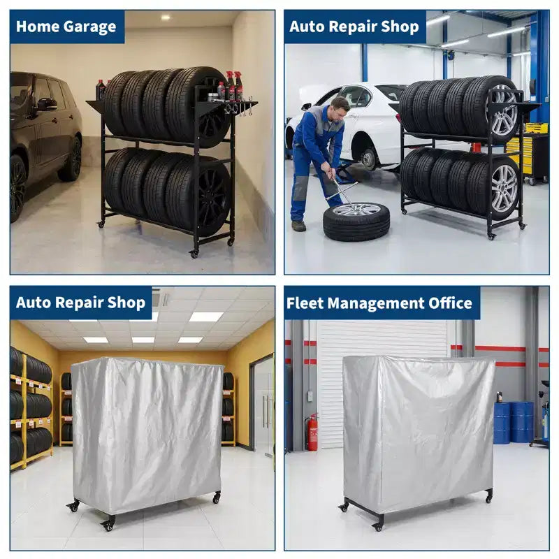 Black Metal Rolling Tire Storage Rack with Dust Cover, 1-Person Use