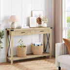 Boho Farmhouse Console Table w/ Rattan Drawers, Narrow Wooden Sofa Entryway Table w/ Storage Shelf Behind Couch for Living Room & Hallway