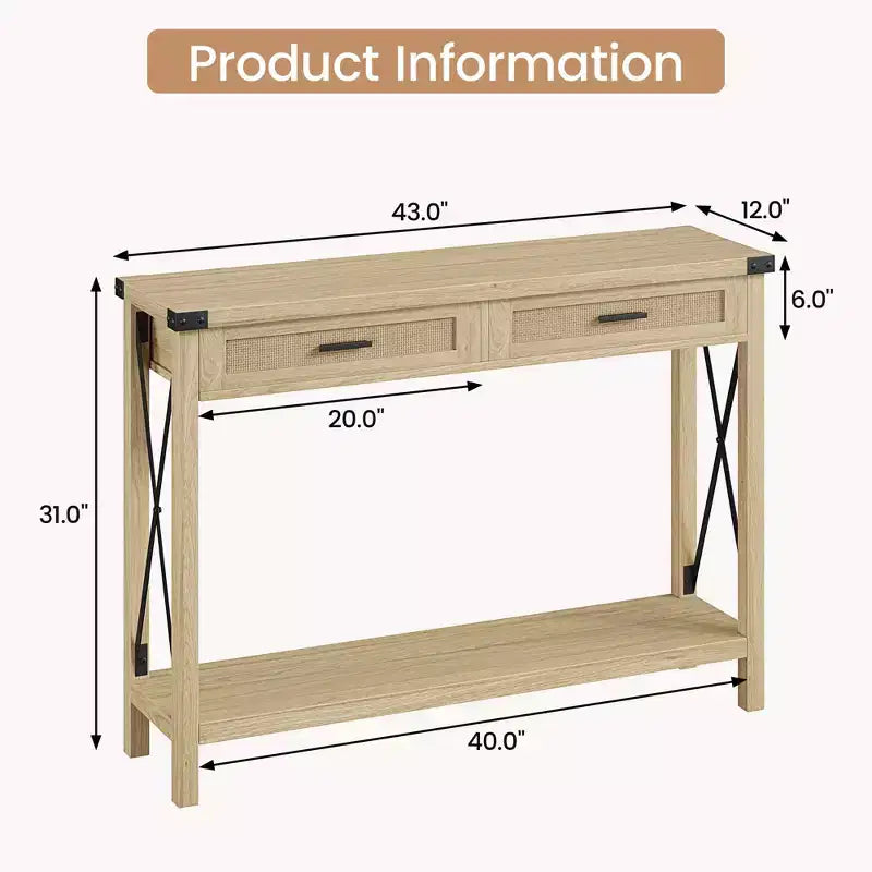 Beige Wood Console Table with Rattan Drawers, 1-Person Use