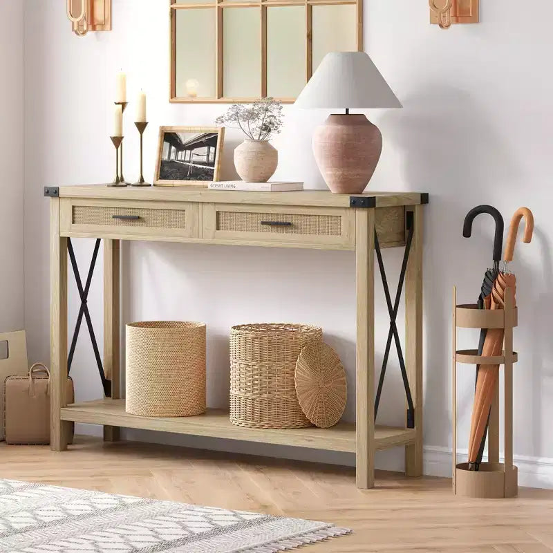 Beige Wood Console Table with Rattan Drawers, 1-Person Use