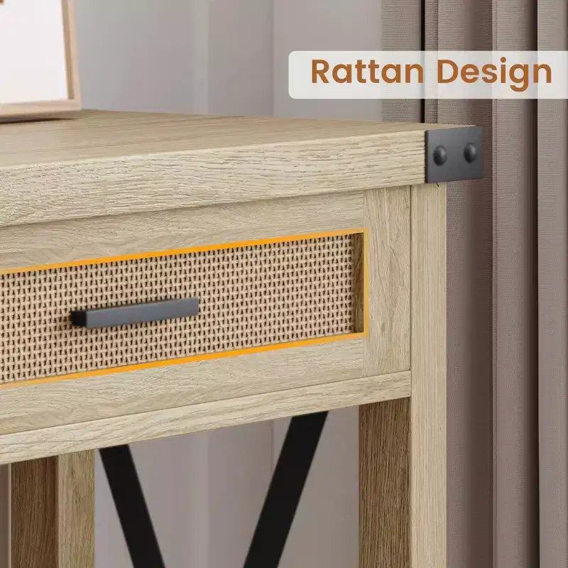 Beige Wood Console Table with Rattan Drawers, 1-Person Use