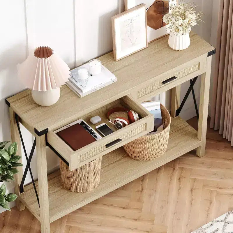 Beige Wood Console Table with Rattan Drawers, 1-Person Use