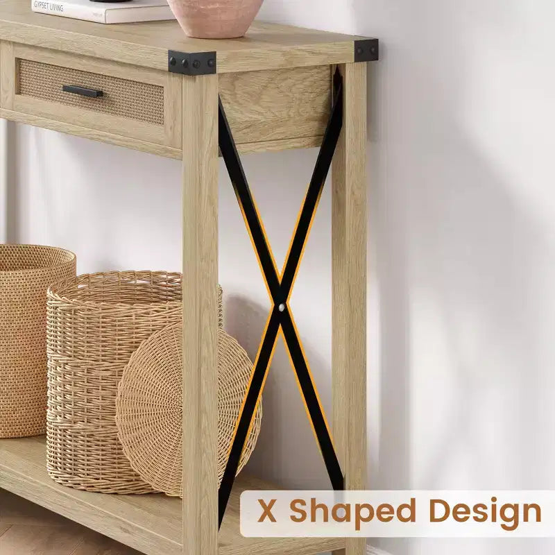 Beige Wood Console Table with Rattan Drawers, 1-Person Use