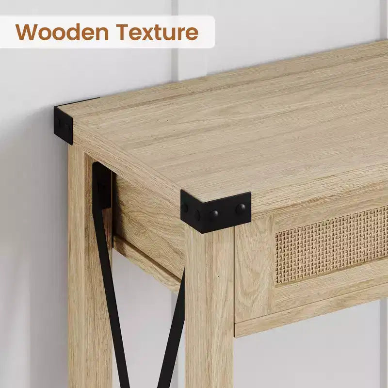 Beige Wood Console Table with Rattan Drawers, 1-Person Use