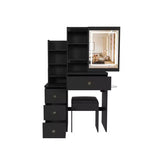 Black / White / Walnut Lighted Makeup Vanity Table with Stool, Single-Person, 3-Color Mirror, Power Outlet & Drawers