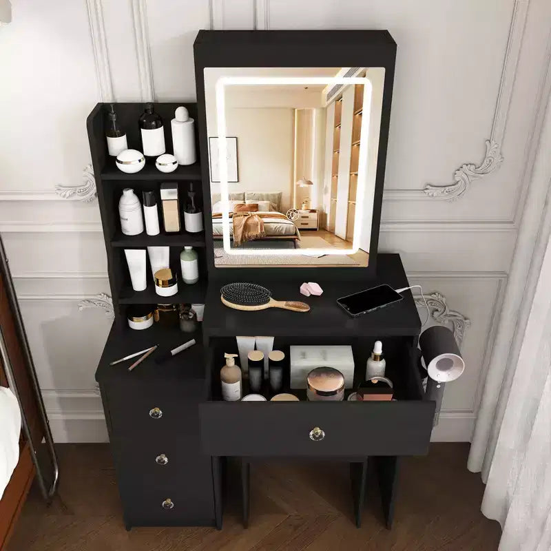 Black / White / Walnut Lighted Makeup Vanity Table with Stool, Single-Person, 3-Color Mirror, Power Outlet & Drawers