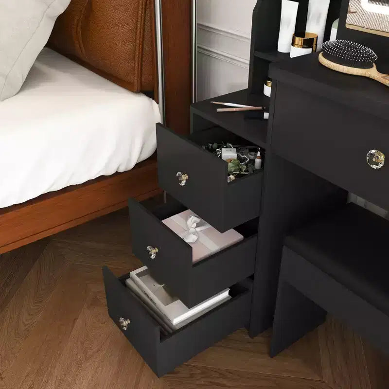 Black / White / Walnut Lighted Makeup Vanity Table with Stool, Single-Person, 3-Color Mirror, Power Outlet & Drawers