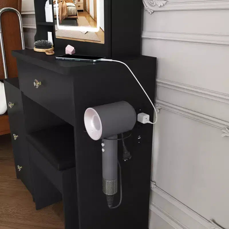Black / White / Walnut Lighted Makeup Vanity Table with Stool, Single-Person, 3-Color Mirror, Power Outlet & Drawers