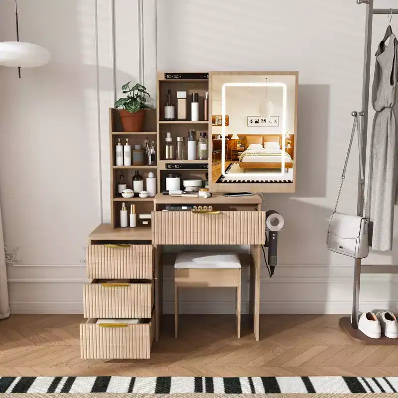 Black / White / Walnut Lighted Makeup Vanity Table with Stool, Single-Person, 3-Color Mirror, Power Outlet & Drawers