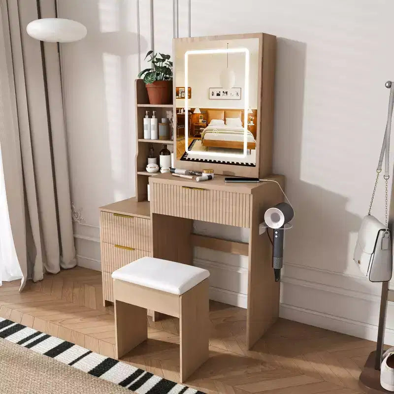 Black / White / Walnut Lighted Makeup Vanity Table with Stool, Single-Person, 3-Color Mirror, Power Outlet & Drawers