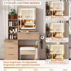 Black / White / Walnut Lighted Makeup Vanity Table with Stool, Single-Person, 3-Color Mirror, Power Outlet & Drawers