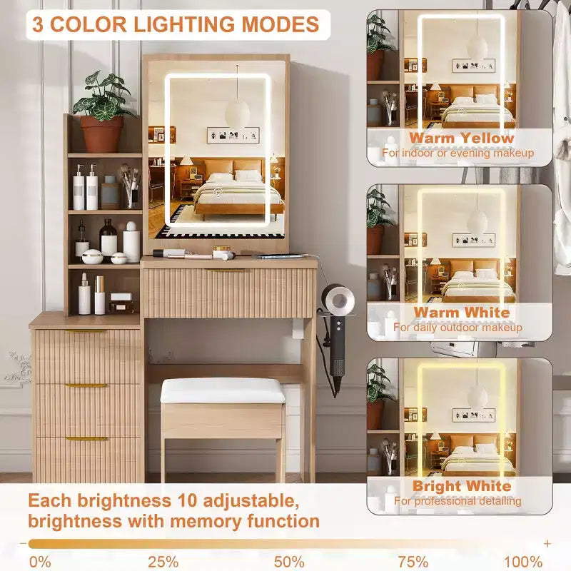 Black / White / Walnut Lighted Makeup Vanity Table with Stool, Single-Person, 3-Color Mirror, Power Outlet & Drawers