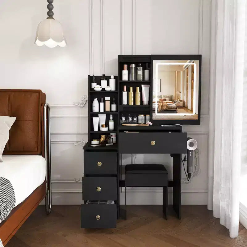 Black / White / Walnut Lighted Makeup Vanity Table with Stool, Single-Person, 3-Color Mirror, Power Outlet & Drawers