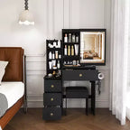 Black / White / Walnut Lighted Makeup Vanity Table with Stool, Single-Person, 3-Color Mirror, Power Outlet & Drawers
