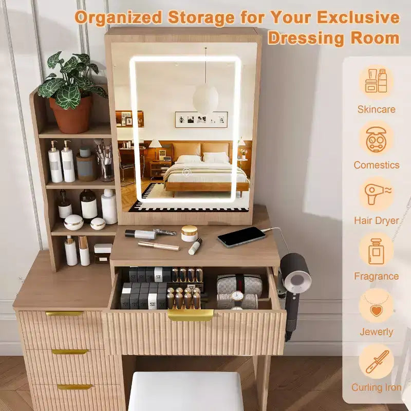 Black / White / Walnut Lighted Makeup Vanity Table with Stool, Single-Person, 3-Color Mirror, Power Outlet & Drawers