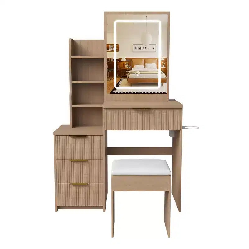Black / White / Walnut Lighted Makeup Vanity Table with Stool, Single-Person, 3-Color Mirror, Power Outlet & Drawers