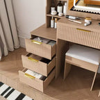 Black / White / Walnut Lighted Makeup Vanity Table with Stool, Single-Person, 3-Color Mirror, Power Outlet & Drawers
