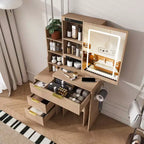 Black / White / Walnut Lighted Makeup Vanity Table with Stool, Single-Person, 3-Color Mirror, Power Outlet & Drawers